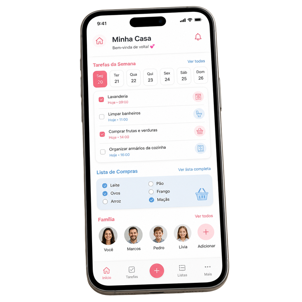 Mockup do aplicativo Casa em Ordem mostrando tarefas da semana, lista de compras e família